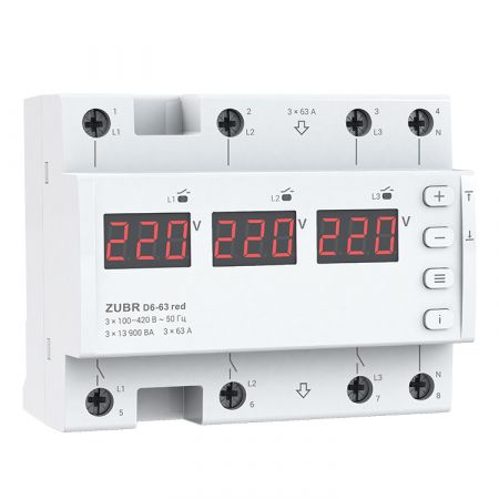 (ZUBR D6-63 red) 3-ф реле напряжения D6-63 red. 63А. 100-420V AC. ZUBR