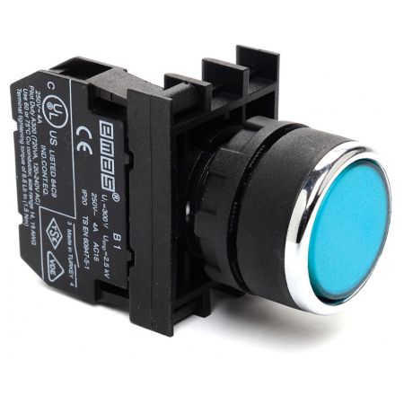 (B100DM) Кнопка нажимная круглая (1НО) синяя. IP-50. серии В. EMAS