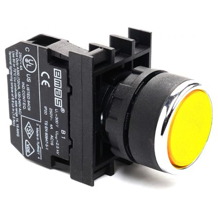 (B100DS) Кнопка нажимная круглая (1НО) желтая. IP-50. серии В. EMAS