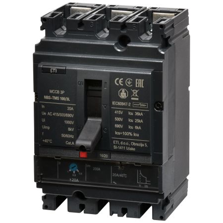 (4673001) Автоматический выключатель NBS-TMS 100/3L 20A (36kA. (0.8-1)In/фикс.) 3P. ETI