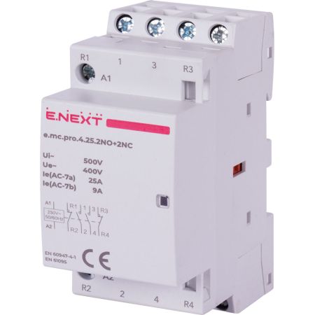 (p005222) Модульный контактор e.mc.pro.4.25.2NO+2NC. 4р. 25А. 2NO+2NC. 220В. E.NEXT