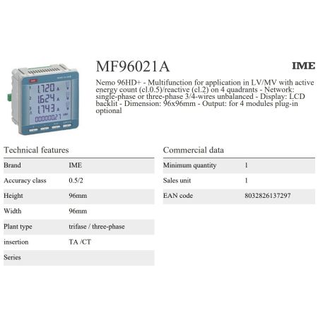 (MF96021A) Анализатор сети Nemo 96 HD+*Вх. 1/5A 80-265V AC/110-300V DC LV/MV. IME
