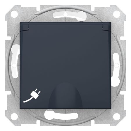 (SDN3100370) Пылевлагозащищенная розетка с крышкой IP44. с заземляющим контактом. крышкой и защитными шторками Sedna графит. Schneider Electric