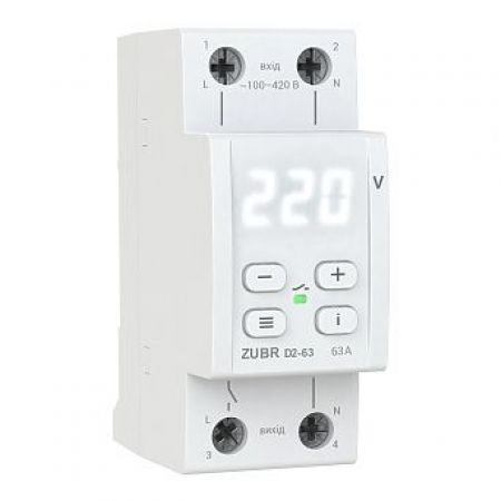 (ZUBR D2-63) Реле защиты от перенапряжения D2-63. 1ф 63А. 120-280V AC + термозащита. ZUBR