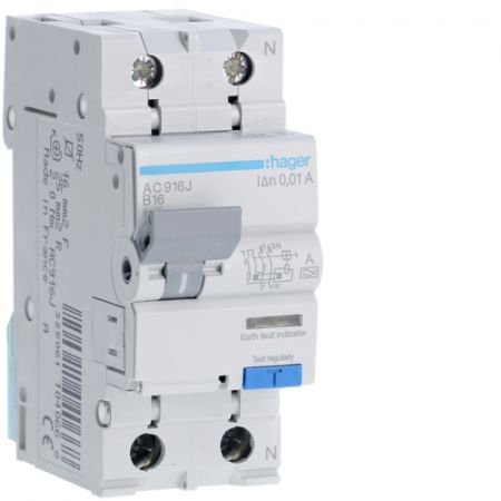 (AC916J) Устройство защитного отключения AC916J 1+N. In-16 А. 10mA. Un-230 В. Класс A. Кривая В. Hager