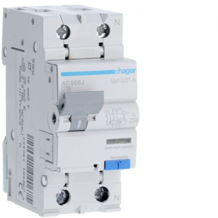 (AC966J) Устройство защитного отключения AC966J 1+N. In-16 А. 10mA. Un-230 В. Класс A. Кривая C. Hager