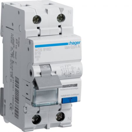 (ACS916D) Устройство защитного отключения QC ACS916D 1+N. In- 16 А. 10mA. Un-230 В. Класс A. Кривая С. Hager
