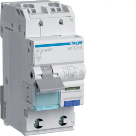 (ACS966D) Устройство защитного отключения QC ACS966D 1+N. In- 16 А. 10mA. Un-230 В. Класс A. Кривая В. Hager