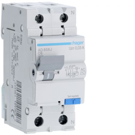 (AD856J) Устройство защитного отключения AD856J 1+N. In- 6 А. 30mA. Un-230 В. Класс AС. Кривая С. Hager