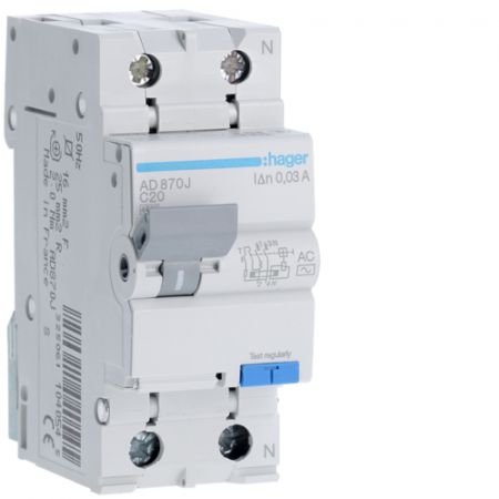 (AD870J) Устройство защитного отключения AD870J 1+N. In- 20 А. 30mA. Un-230 В. Класс AС. Кривая С. Hager