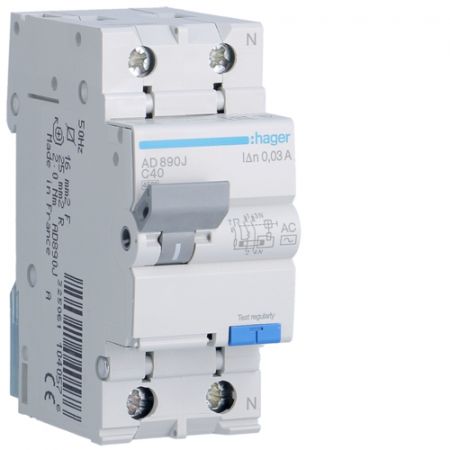 (AD890J) Устройство защитного отключения AD890J 1+N. In- 40 А. 30mA. Un-230 В. Класс AС. Кривая С. Hager