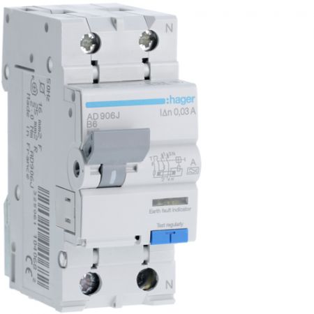 (AD906J) Устройство защитного отключения AD906J 1+N. In- 6 А. 30mA. Un-230 В. Класс A. Кривая В. Hager