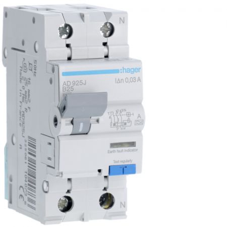(AD925J) Устройство защитного отключения AD925J 1+N. In- 25 А. 30mA. Un-230 В. Класс A. Кривая В. Hager
