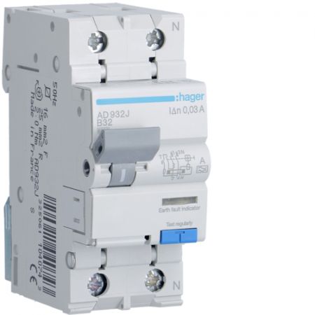 (AD932J) Устройство защитного отключения AD932J 1+N. In- 32 А. 30mA. Un-230 В. Класс A. Кривая В. Hager