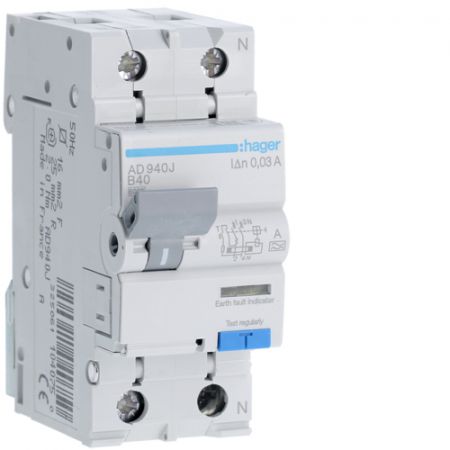 (AD940J) Устройство защитного отключения AD940J 1+N. In- 40 А. 30mA. Un-230 В. Класс A. Кривая В. Hager