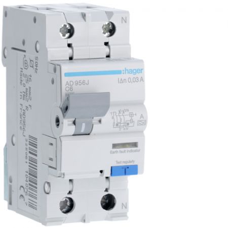 (AD956J) Устройство защитного отключения AD956J 1+N. In- 6 А. 30mA. Un-230 В. Класс A. Кривая С. Hager