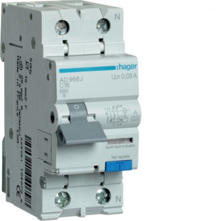 (AD966J) Устройство защитного отключения AD966J 1+N. In-16 А. 30mA. Un-230 В. Класс A. Кривая С. Hager