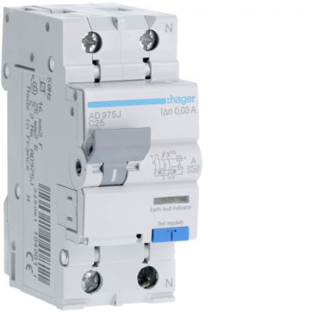 (AD975J) Устройство защитного отключения AD975J 1+N. In-25 А. 30mA. Un-230 В. Класс A. Кривая С. Hager