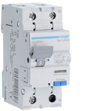 (AD982J) Устройство защитного отключения AD982J 1+N. In-32 А. 30mA. Un-230 В. Класс A. Кривая С. Hager