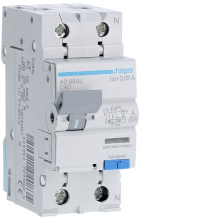 (AD990J) Устройство защитного отключения AD990J 1+N. In-40 А. 30mA. Un-230 В. Класс A. Кривая С. Hager