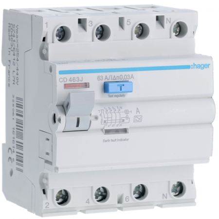 (CD464J) Устройство защитного отключения CD464J 4 полюса 63A 30мА Класс AC. Hager