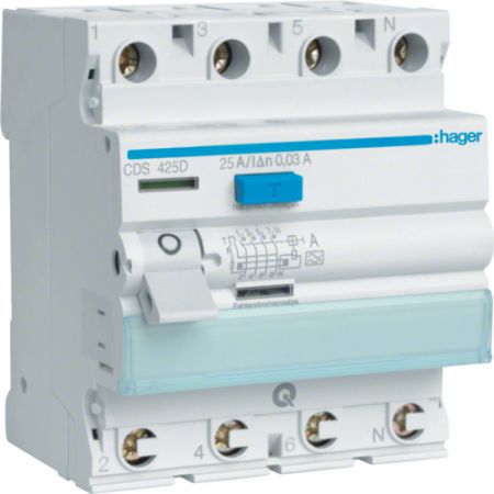 (CDS425D) Устройство защитного отключения QC CDS425D 4 полюса 25A 30мА Класс A. Hager
