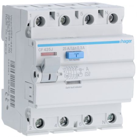 (CF425J) Устройство защитного отключения CF425J 4 полюса 25A 300мА Класс A. Hager