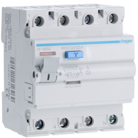 (CF463J) Устройство защитного отключения CF463J 4 полюса 63A 300мА Класс A. Hager