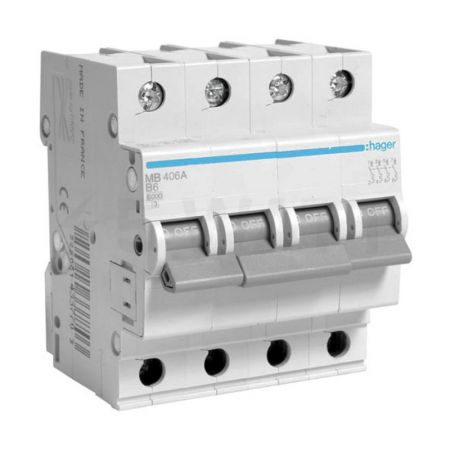 (MB406A) Автоматический выключатель MB406A 4P In=6 А Un=220-440В Кривая B 6 кА. Hager