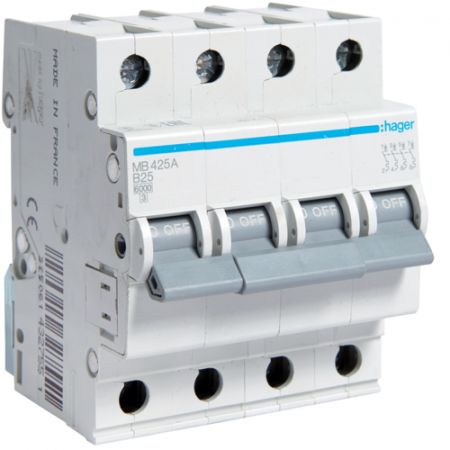 (MB425A) Автоматический выключатель MB425A 4P In=25 А Un=220-440В Кривая B 6 кА. Hager