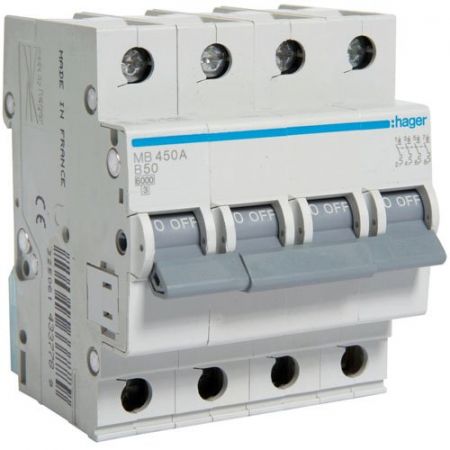 (MB450A) Автоматический выключатель MB450A 4P In=50 А Un=220-440В Кривая B 6 кА. Hager