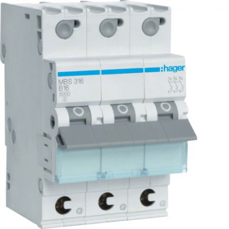 (MBS316) Автоматический выключатель QC MBS316 3P In=16 А Un=220-440В Кривая B 6 кА. Hager