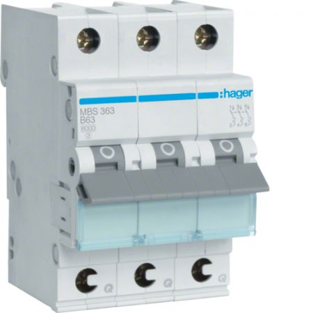 (MBS363) Автоматический выключатель QC MBS363 3P In=63 А Un=220-440В Кривая B 6 кА. Hager