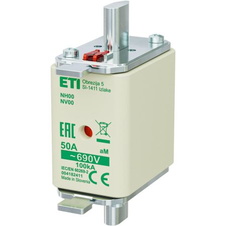 Ножовий запобіжник ETI серії NH NH00 50A для захисту електродвигунів.