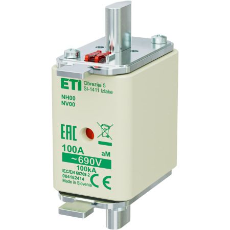 Ножовий запобіжник ETI серії NH NH00 100A для захисту електродвигунів.