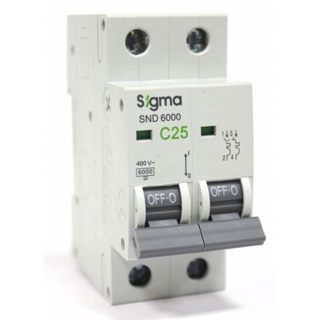 (6SM225C) Автоматический выключатель 6SM225C 2P. In=25А. Кривая С 6 кА. SIGMA