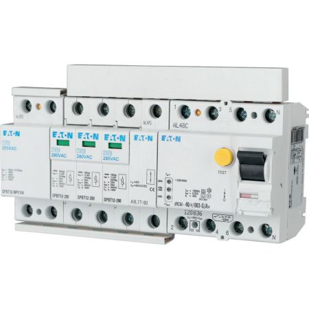 158333 Комбинированный ограничитель перенапряжения SPBT12-280-3+NPE/BB. 40кА 340V 3P+N. Класс В. со сменными картриджами. Eaton