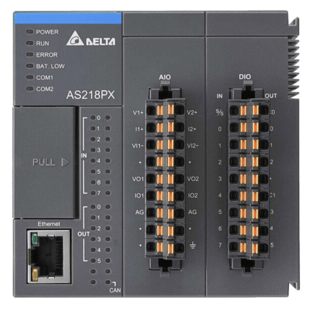 (AS218PX-A) Процессорный модуль серии AS. 64K шагов программы. 8DI/6DO (PNP). 2AI/2AO. 2xRS485 Ethernet. CANopen. Delta