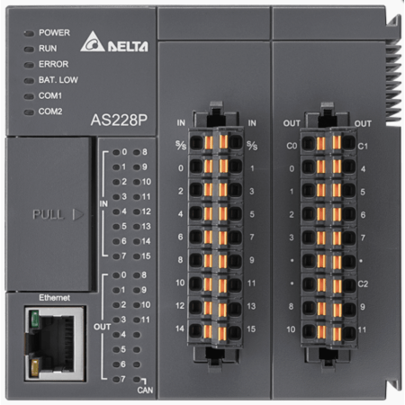 (AS228P-A) Процессорный модуль серии AS. 64K шагов. 16DI/12DO (PNP). RS485. Ethernet. CANopen. Delta