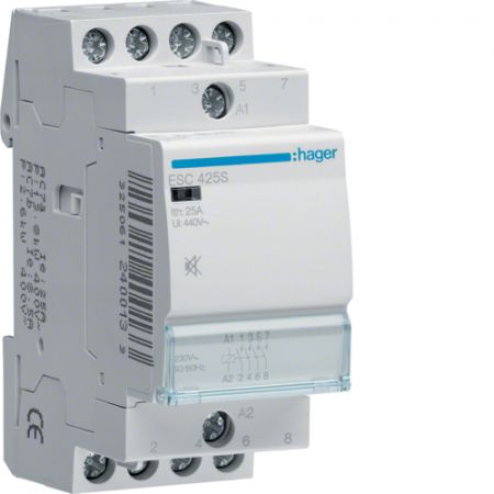 (ESC425S) Модульные контакторы ESC 25А. 4NO контакта. Uкат=220-240В. бесшумный.Hager