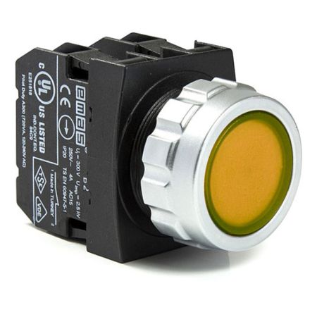 (H102DS) Кнопка нажимная Ø30 без фиксации (1НО+1НЗ) желтая.  IP50. серии H. EMAS