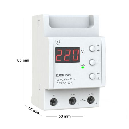 (ZUBR D63t) Реле защиты от перенапряжения D63t. 1ф 63А. 120-280V AC + термозащита. ZUBR