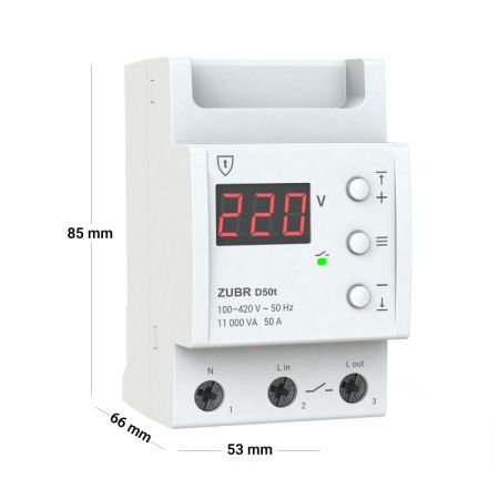 (ZUBR D50t) Реле защиты от перенапряжения D50t. 1ф 50А. 120-280V AC + термозащита. ZUBR