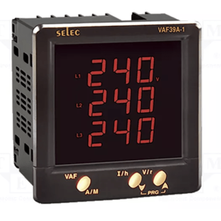 (VAF39A-1-230V-CE) Цифровой мультиметр LCD. Вх.20мА÷6A/300В (L-N).519В AC (L-N); 1/3ф 240В AC. 96 х 96. SELEC