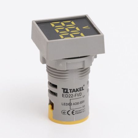 (705015ж) Светодиодный вольтметр ED22-FVD АC 60-500В. квадрат. желтый. TAKEL
