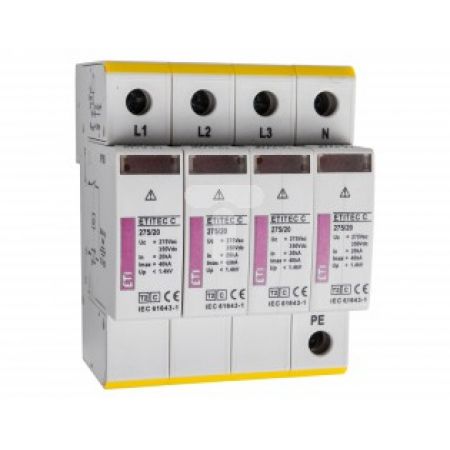 (2441513) Ограничитель перенапряжения ETITEC 20kA 275V 3P+N. Класс C. с индикацией. ETI